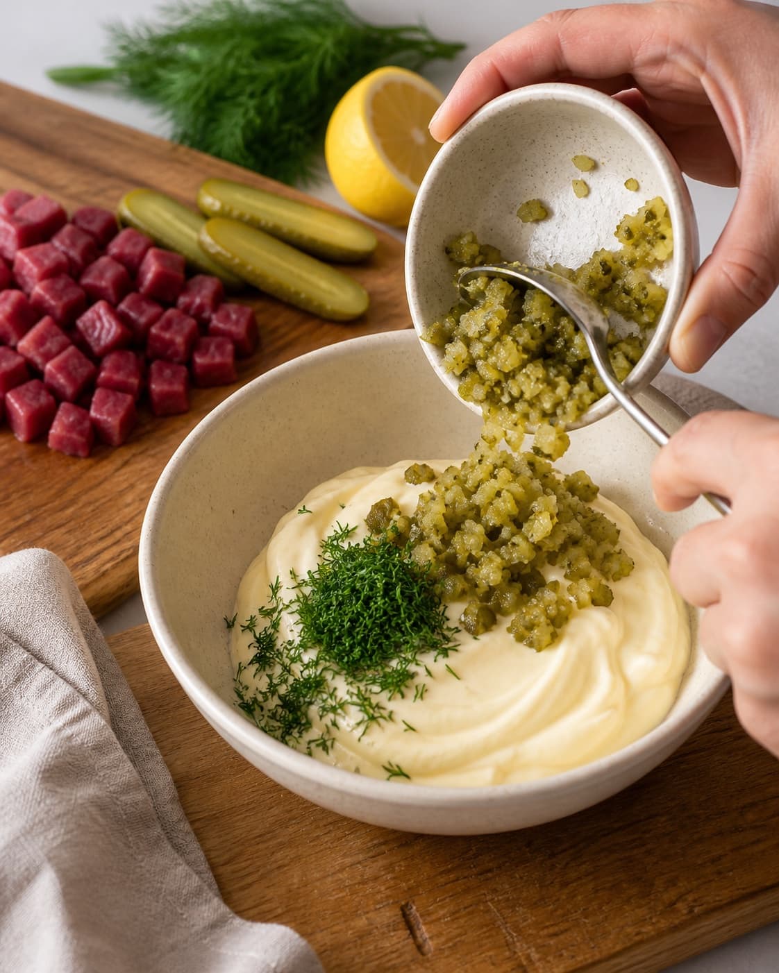 Clean prepared ingredients for tatarsauce with mayonnaise, cornichoner, okseinderlår godkendt til rå servering, økologisk citron under tilberedningen af tatarsauce