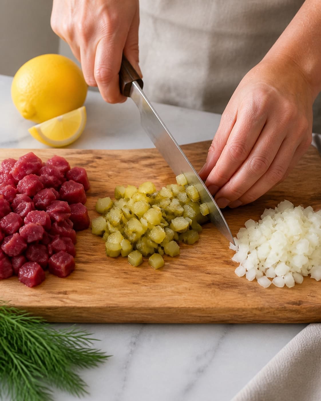 Ingredients for tatarsauce being cut into even pieces under tilberedningen af tatarsauce