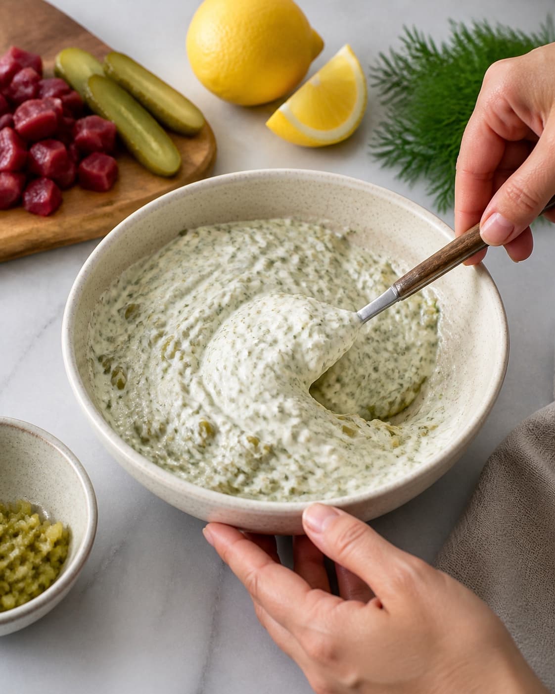 tatarsauce being gently combined without crushing the ingredients under tilberedningen af tatarsauce