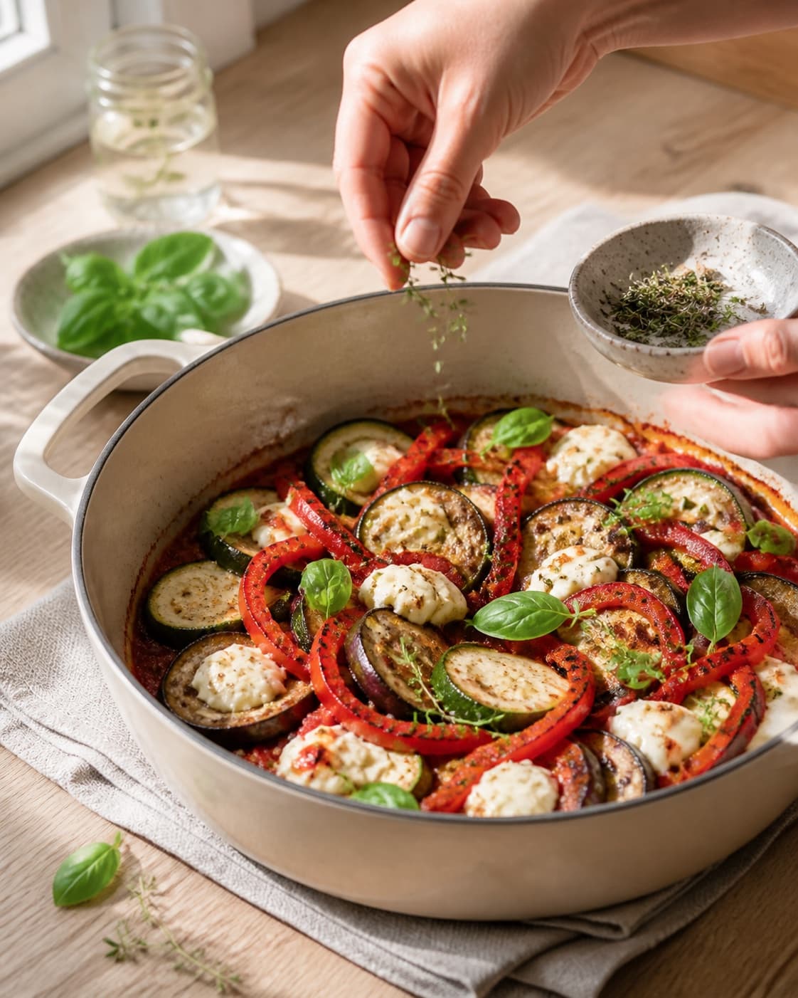 Aromatic base for ratatouille med mozzarella gently cooking in a pot under tilberedningen af ratatouille med mozzarella