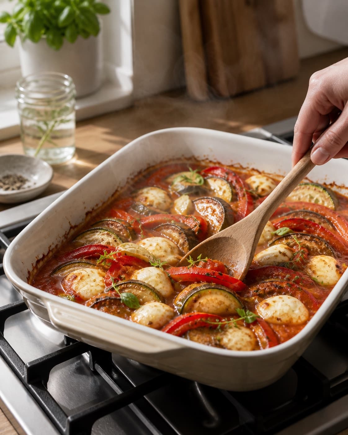 ratatouille med mozzarella gently simmering with visible ingredients under tilberedningen af ratatouille med mozzarella