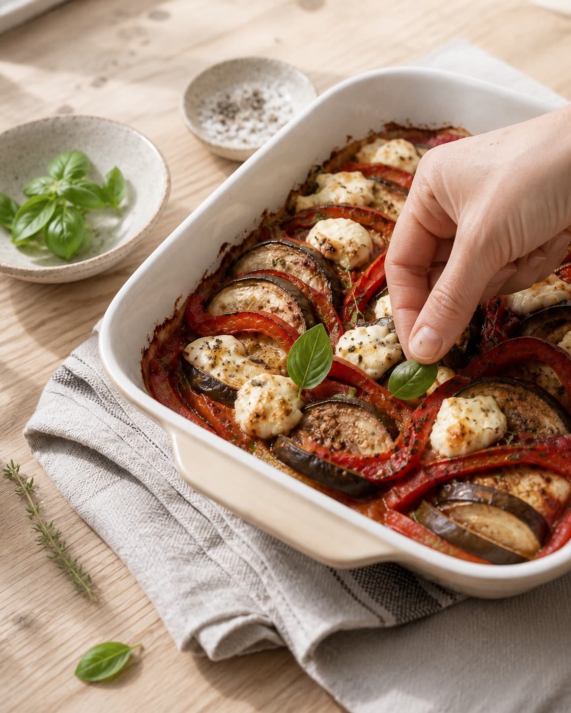 The texture of ratatouille med mozzarella being adjusted in the pot under tilberedningen af ratatouille med mozzarella