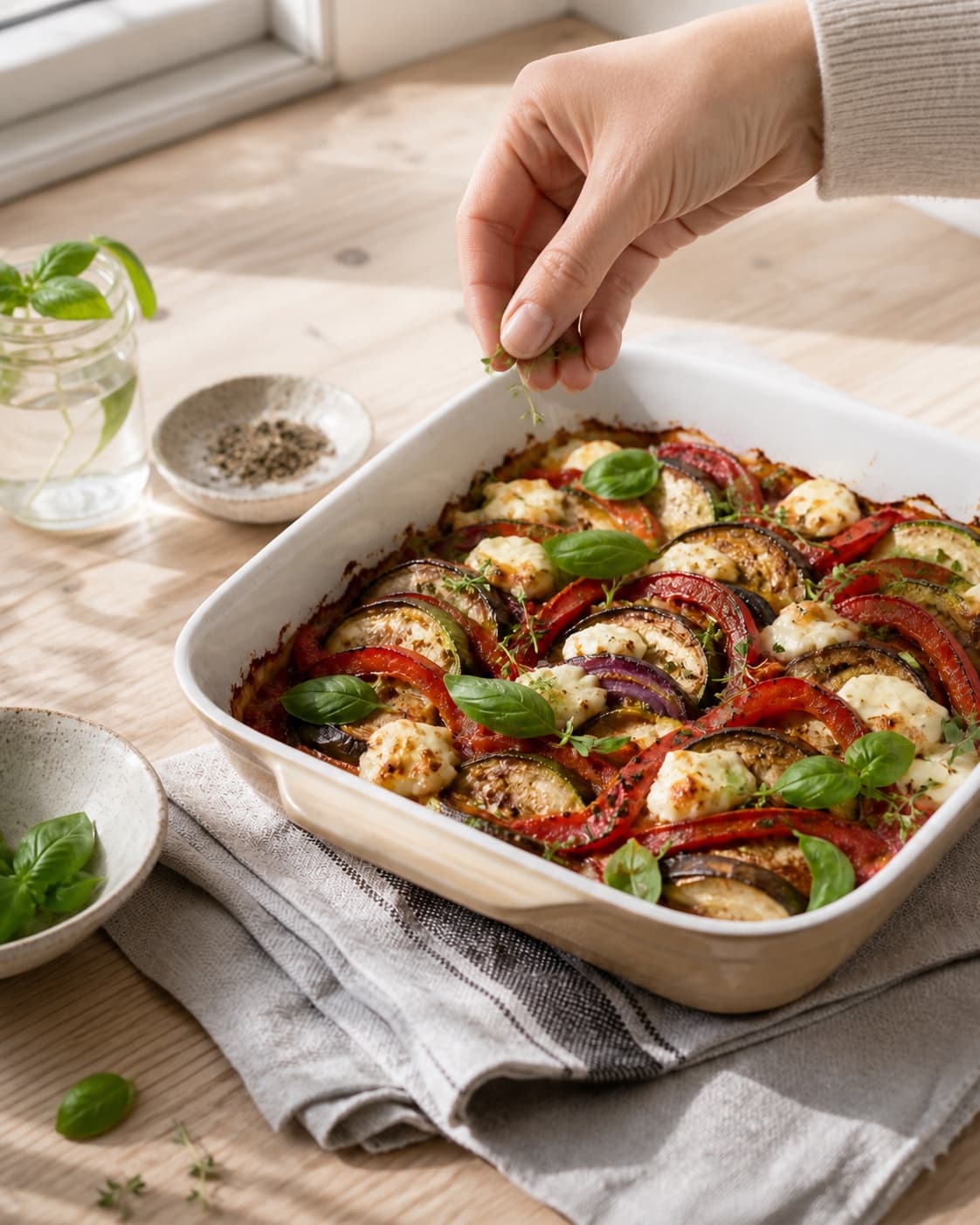Finished ratatouille med mozzarella being served with a fresh restrained garnish under tilberedningen af ratatouille med mozzarella