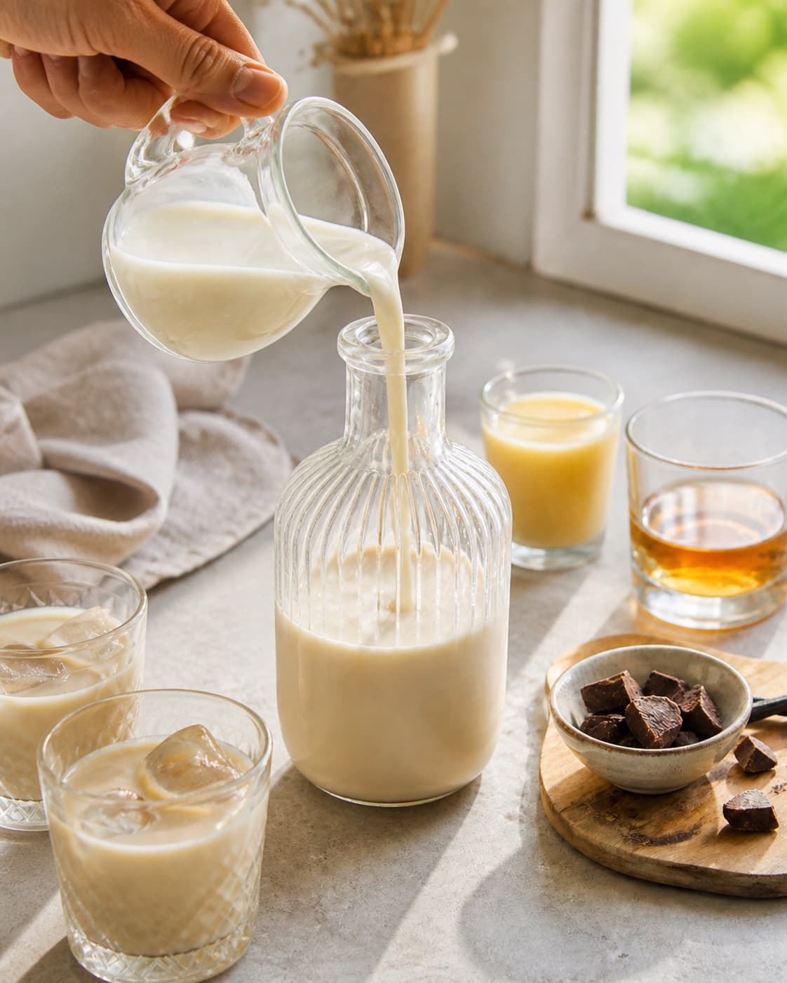Fresh flavour ingredients for hjemmelavet baileys prepared with piskefløde, irsk whiskey, kondenseret mælk, koldt vand eller is under tilberedningen af hjemmelavet baileys