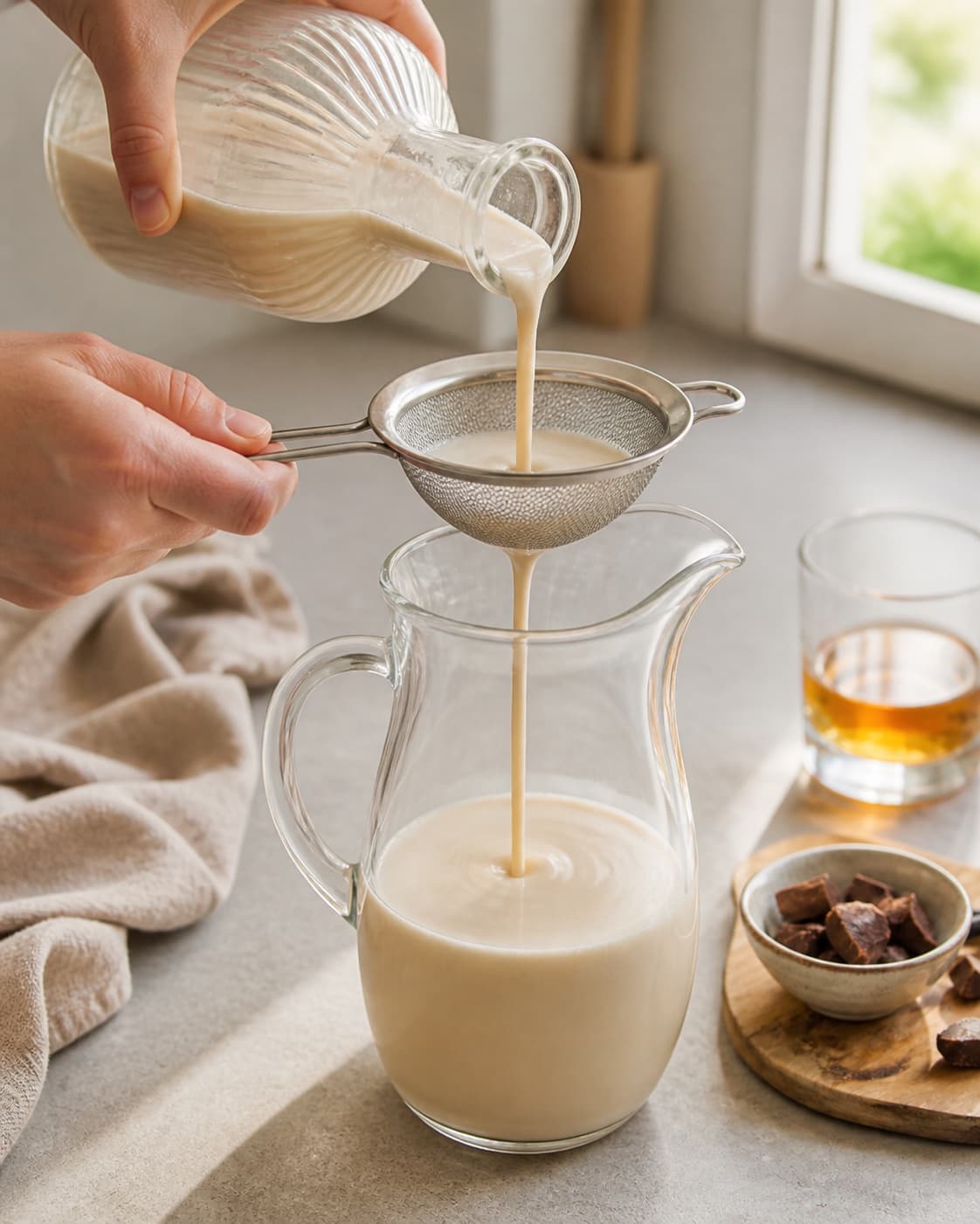 hjemmelavet baileys being strained into a clean pitcher under tilberedningen af hjemmelavet baileys