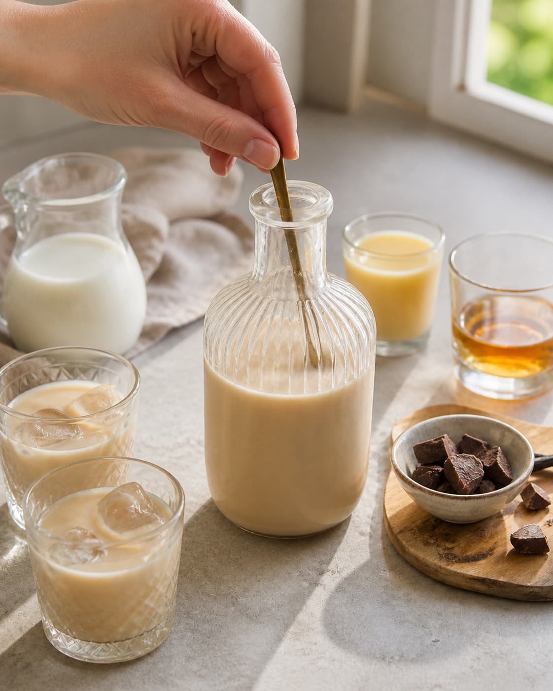 The flavour balance of hjemmelavet baileys being adjusted under tilberedningen af hjemmelavet baileys