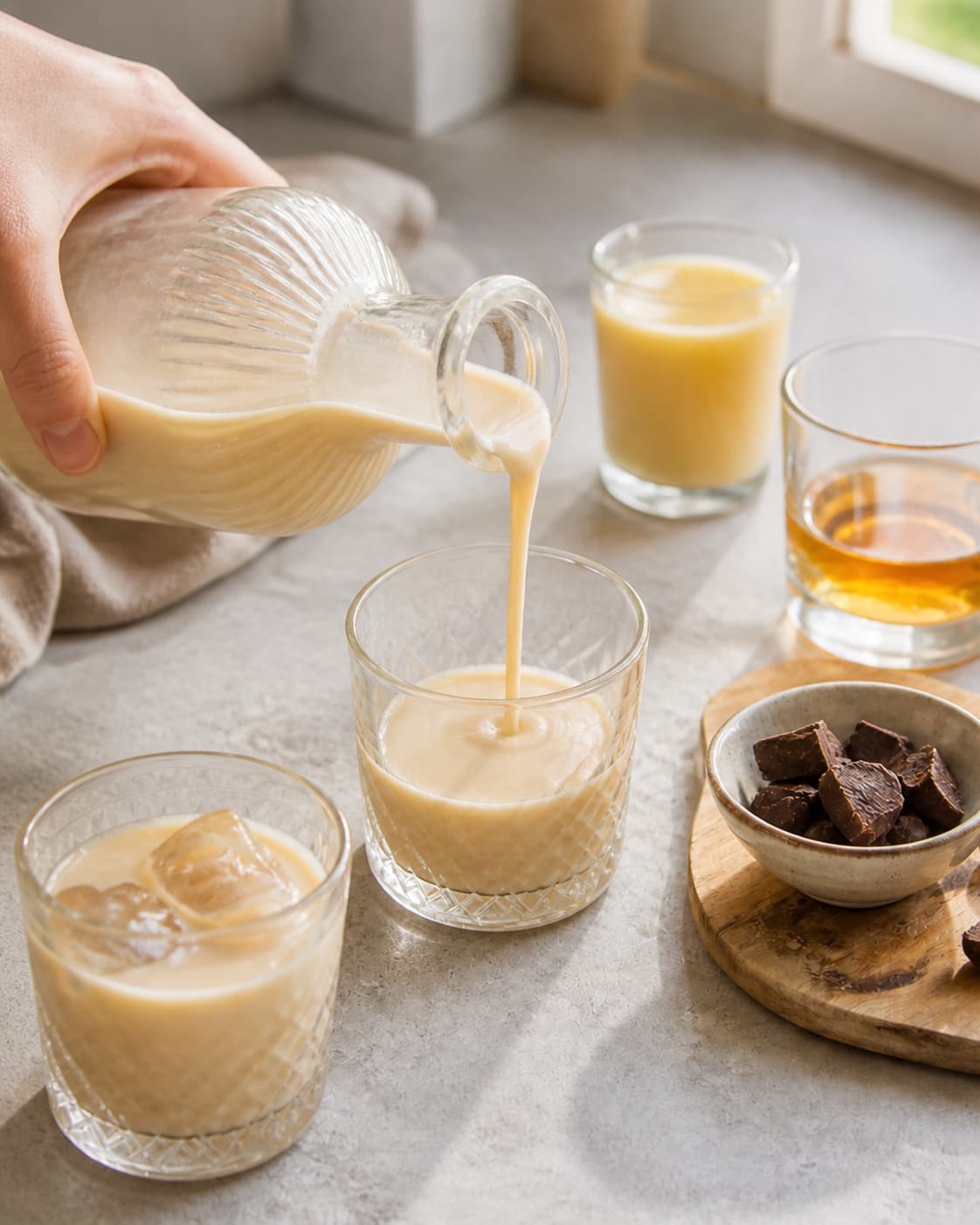 Finished hjemmelavet baileys being poured into a clean serving glass under tilberedningen af hjemmelavet baileys