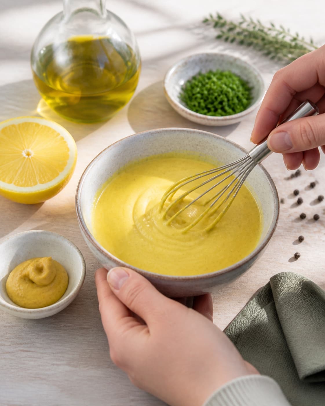 Clean prepared ingredients for sennepsdressing with dijonsennep, økologisk citron, ekstra jomfruolivenolie, friske krydderurter under tilberedningen af sennepsdressing