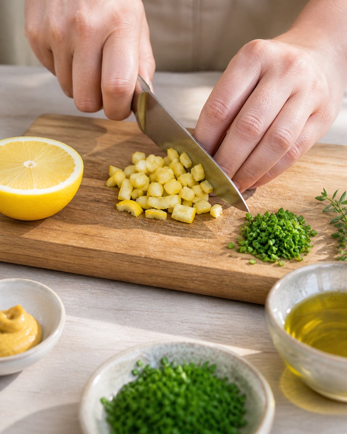 Ingredients for sennepsdressing being cut into even pieces under tilberedningen af sennepsdressing