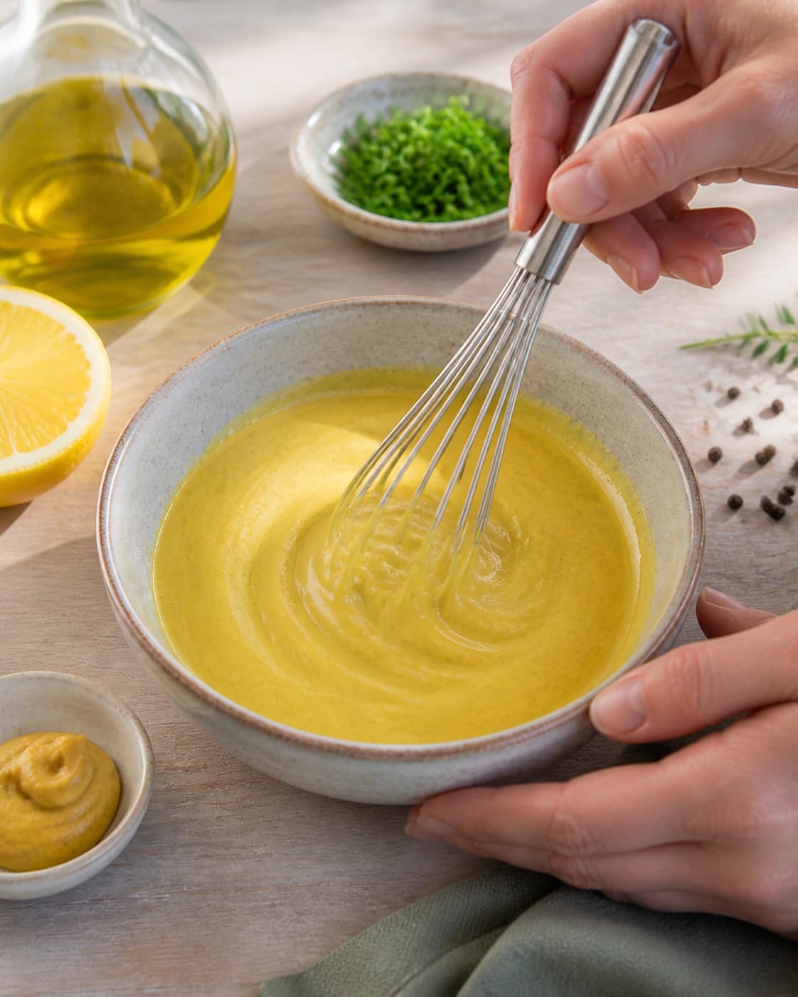Dressing for sennepsdressing being whisked until glossy under tilberedningen af sennepsdressing