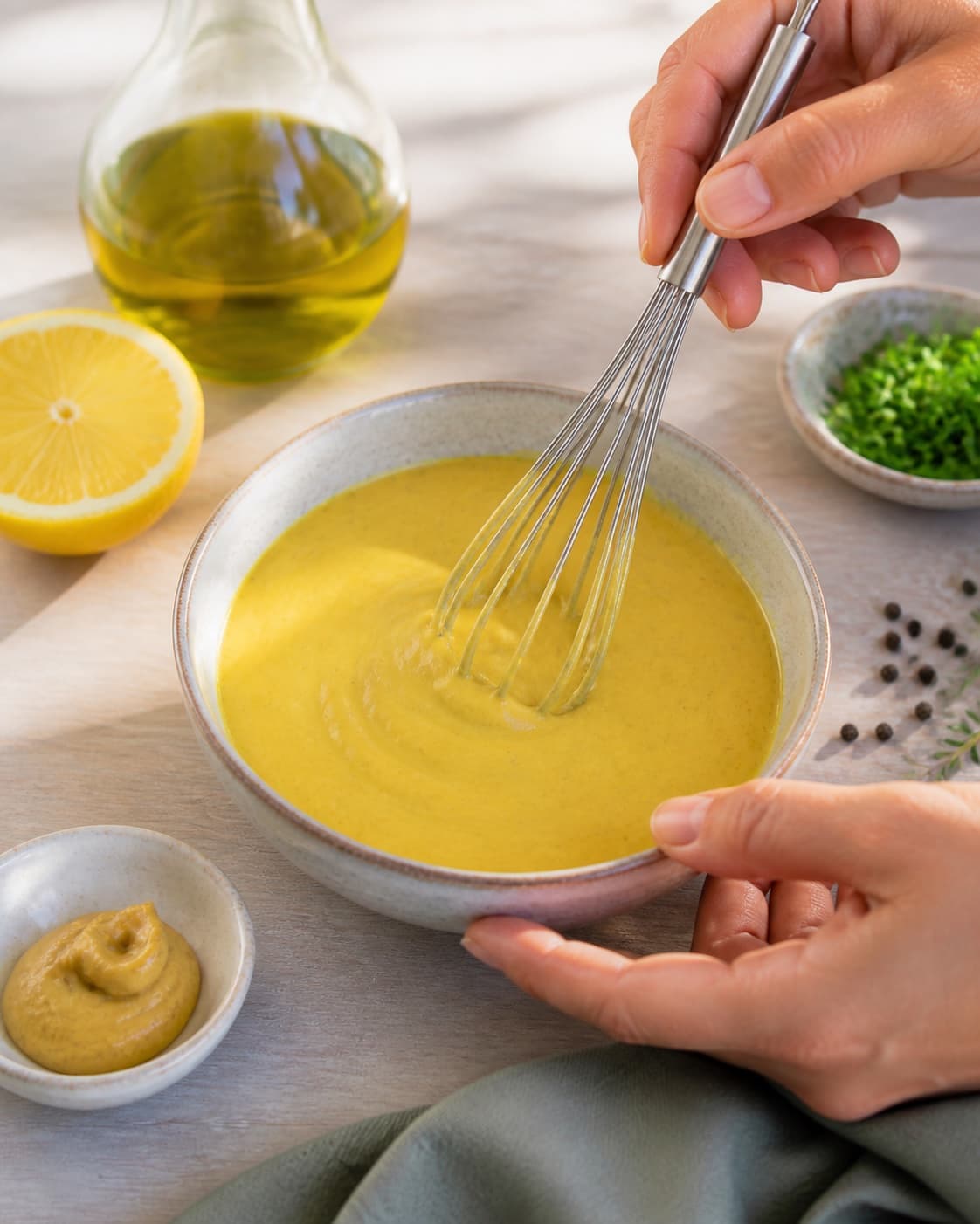 sennepsdressing being gently combined without crushing the ingredients under tilberedningen af sennepsdressing