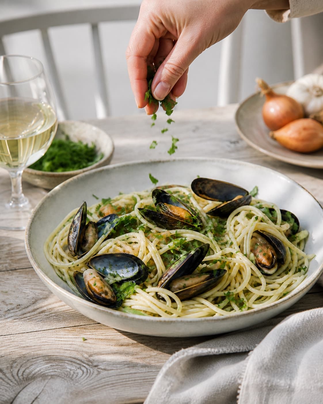Finished pasta med muslinger being served with a fresh restrained garnish under tilberedningen af pasta med muslinger