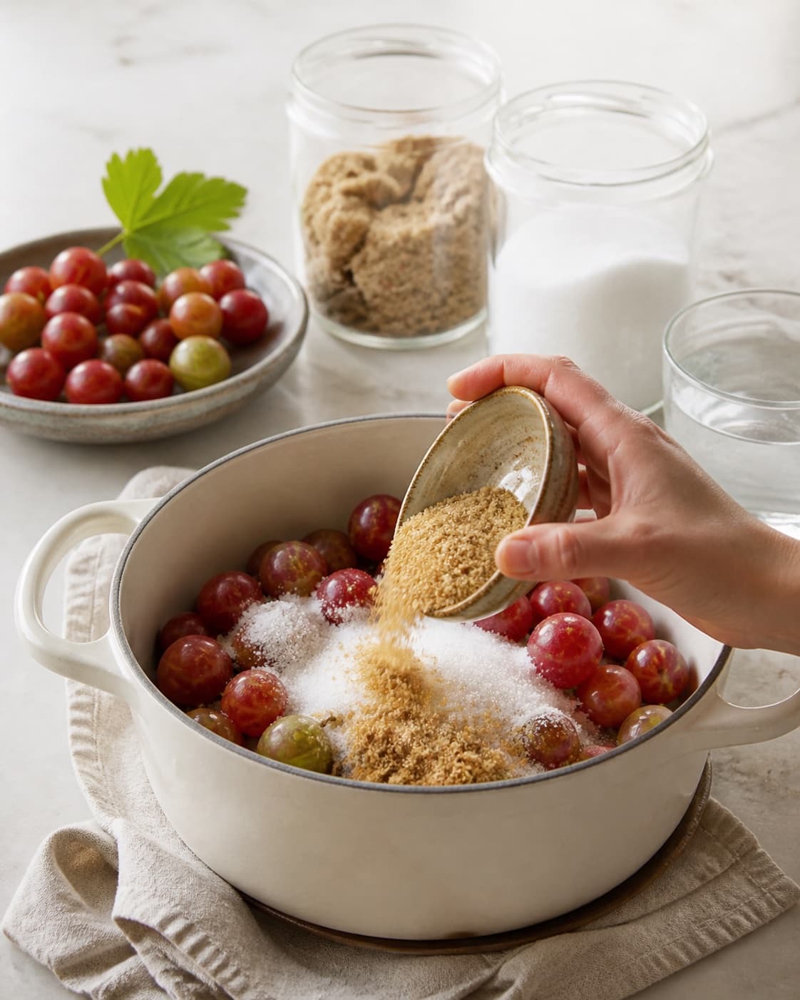 Clean measured ingredients and prepared jars for stikkelsbærmarmelade with stikkelsbær, syltesukker, rørsukker, vand under tilberedningen af stikkelsbærmarmelade