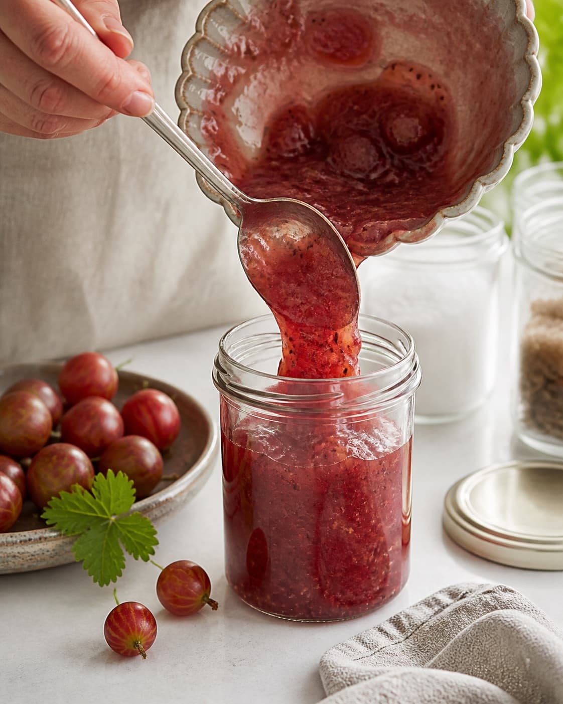 Hot finished stikkelsbærmarmelade being carefully transferred into a clean jar under tilberedningen af stikkelsbærmarmelade
