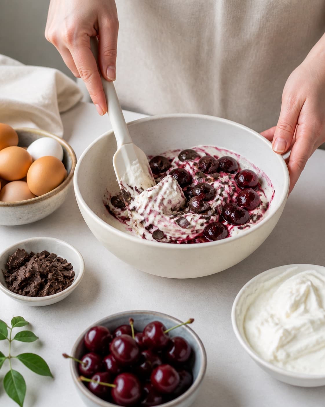 Clean prepared ingredients for semifreddo med chokolade og kirsebær with pasteuriserede æg, piskefløde, mørk chokolade, kirsebær under tilberedningen af semifreddo med chokolade og kirsebær