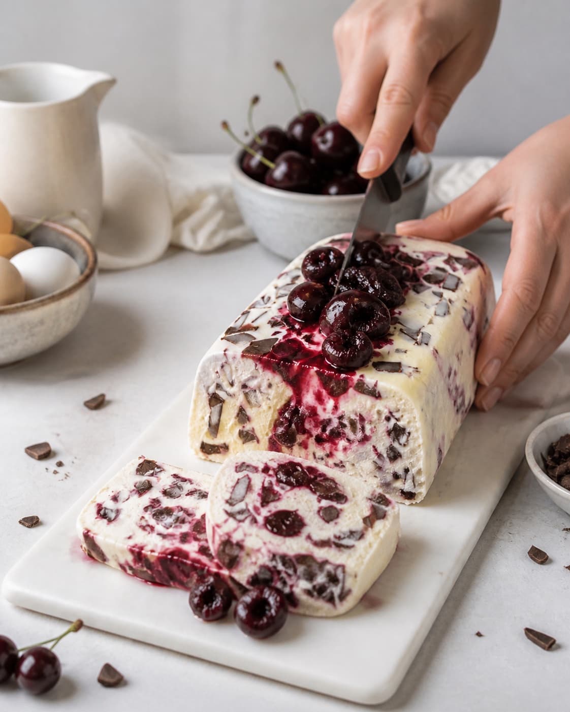 Ingredients for semifreddo med chokolade og kirsebær being cut into even pieces under tilberedningen af semifreddo med chokolade og kirsebær