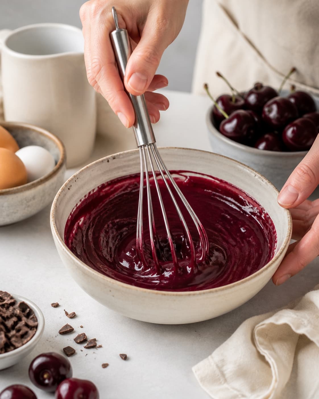 Dressing for semifreddo med chokolade og kirsebær being whisked until glossy under tilberedningen af semifreddo med chokolade og kirsebær