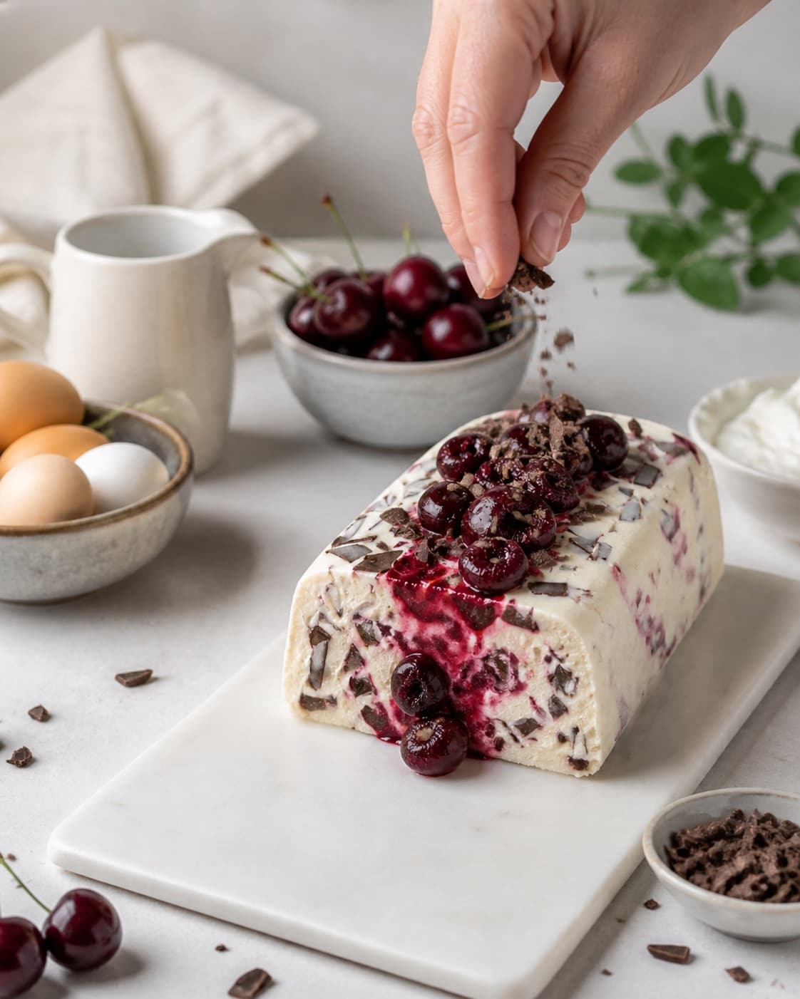 Fresh finished semifreddo med chokolade og kirsebær receiving its final garnish under tilberedningen af semifreddo med chokolade og kirsebær