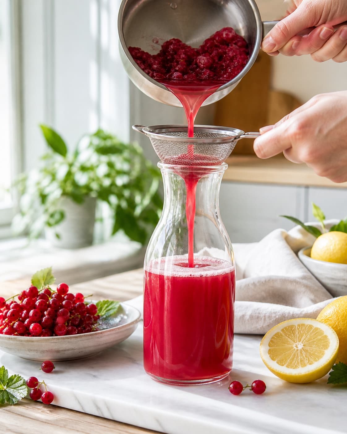 ribssaft being strained into a clean pitcher under tilberedningen af ribssaft