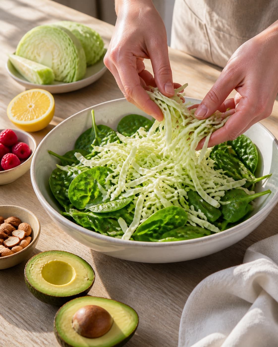 Clean prepared ingredients for salat med hindbær, avocado og spidskål with hindbær, modne avocadoer, spidskål, økologisk citron under tilberedningen af salat med hindbær, avocado og spidskål