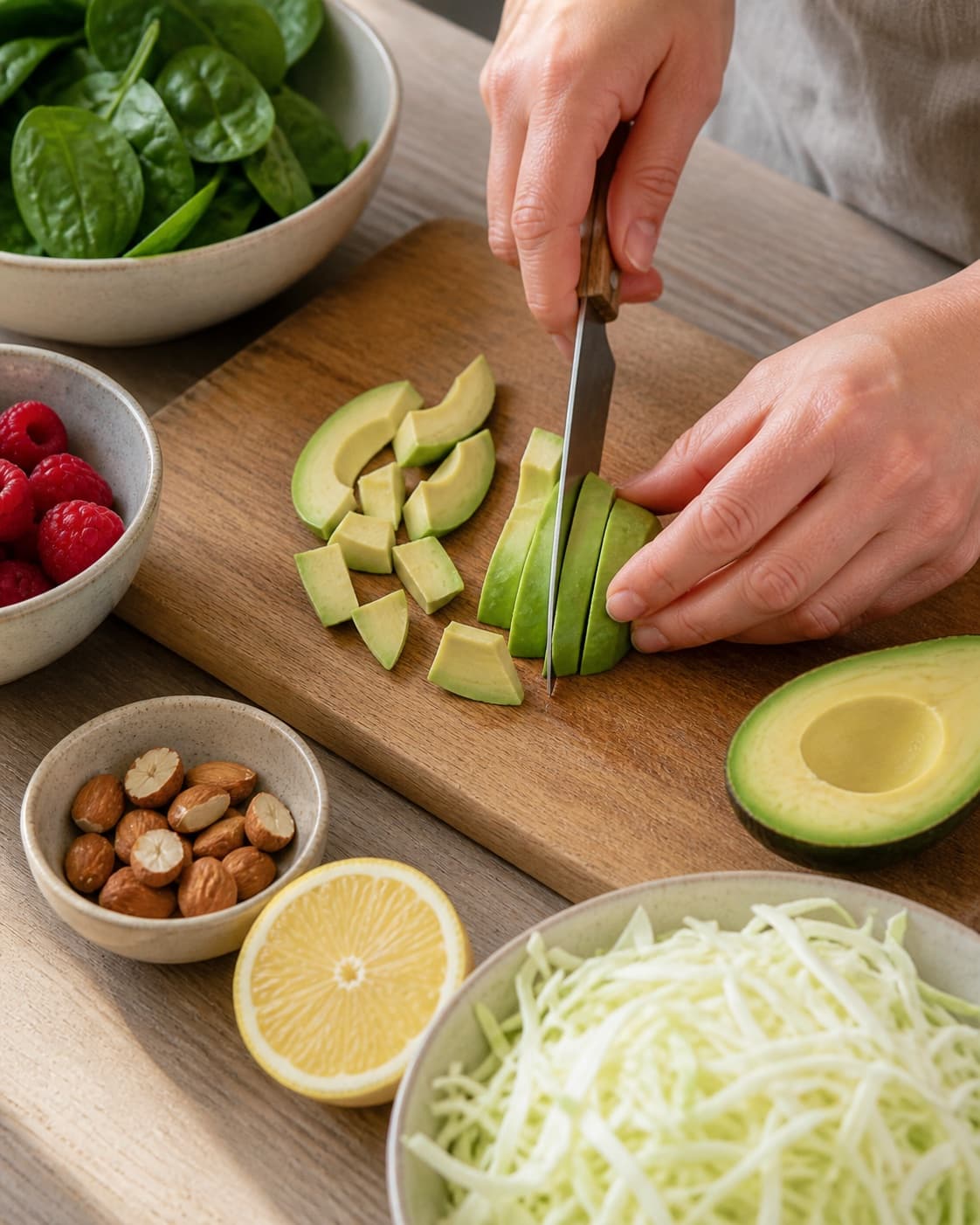 Ingredients for salat med hindbær, avocado og spidskål being cut into even pieces under tilberedningen af salat med hindbær, avocado og spidskål