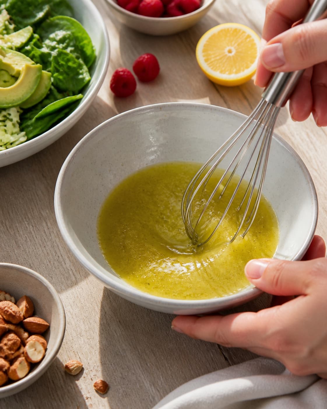 Dressing for salat med hindbær, avocado og spidskål being whisked until glossy under tilberedningen af salat med hindbær, avocado og spidskål