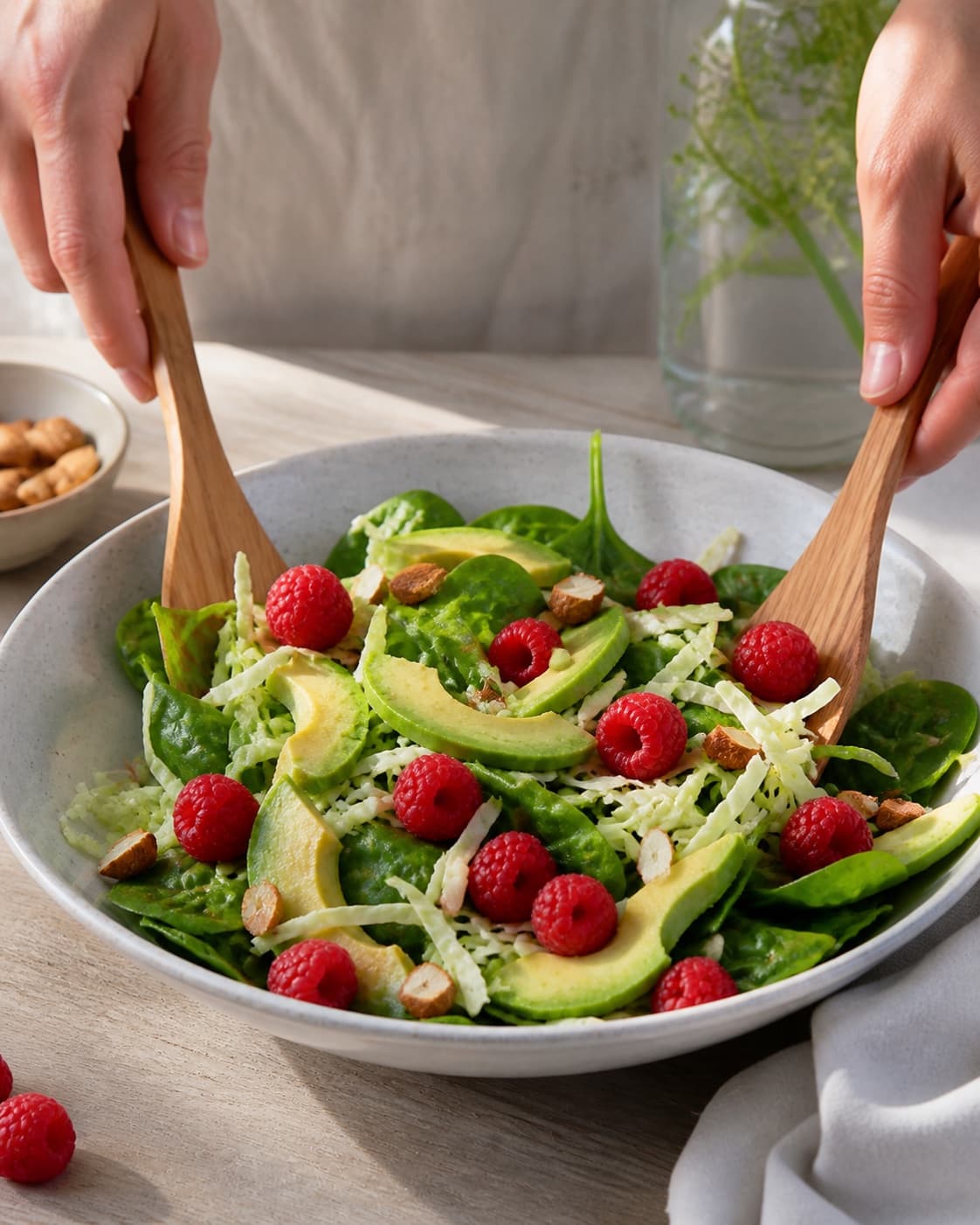 salat med hindbær, avocado og spidskål being gently combined without crushing the ingredients under tilberedningen af salat med hindbær, avocado og spidskål