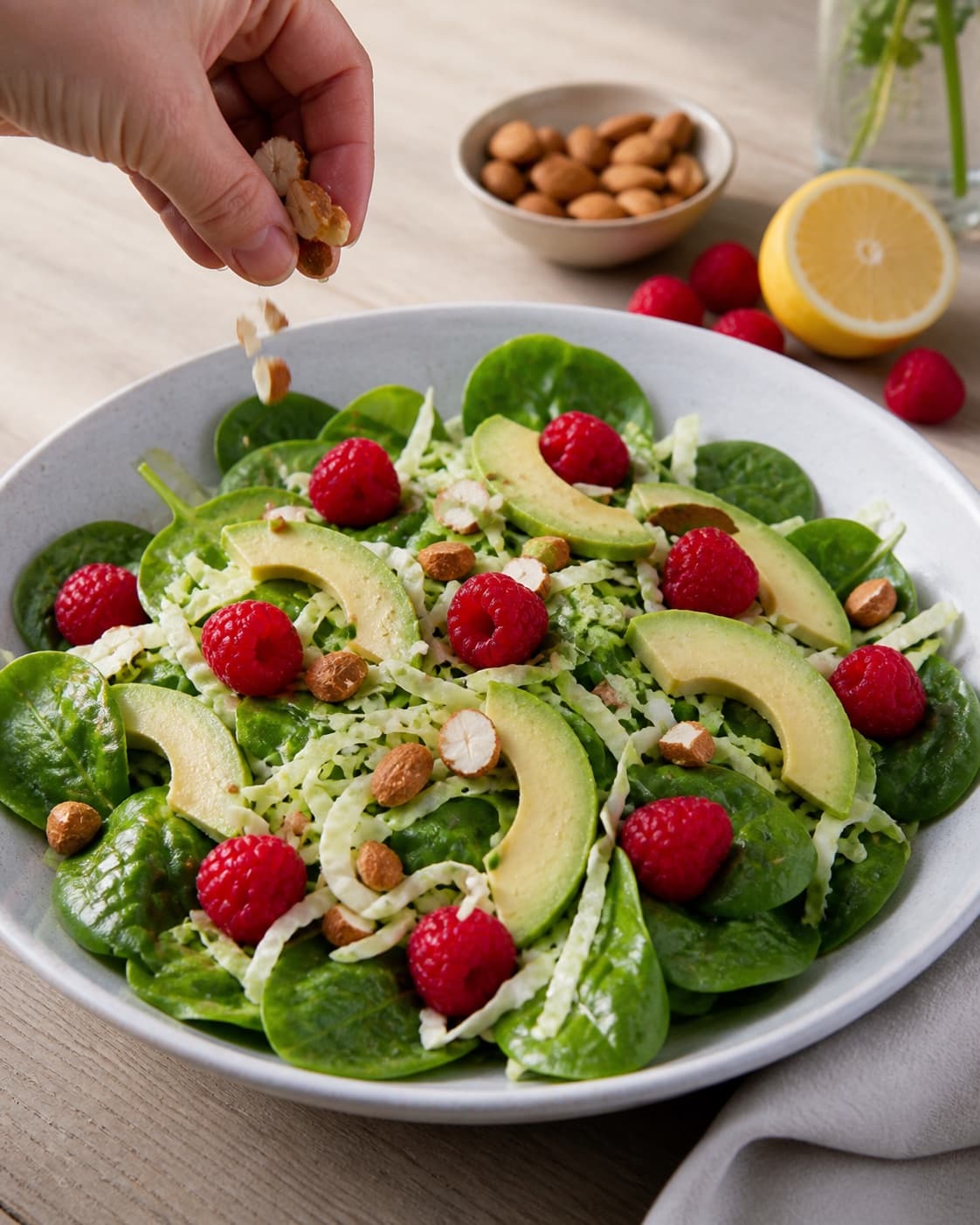 Fresh finished salat med hindbær, avocado og spidskål receiving its final garnish under tilberedningen af salat med hindbær, avocado og spidskål
