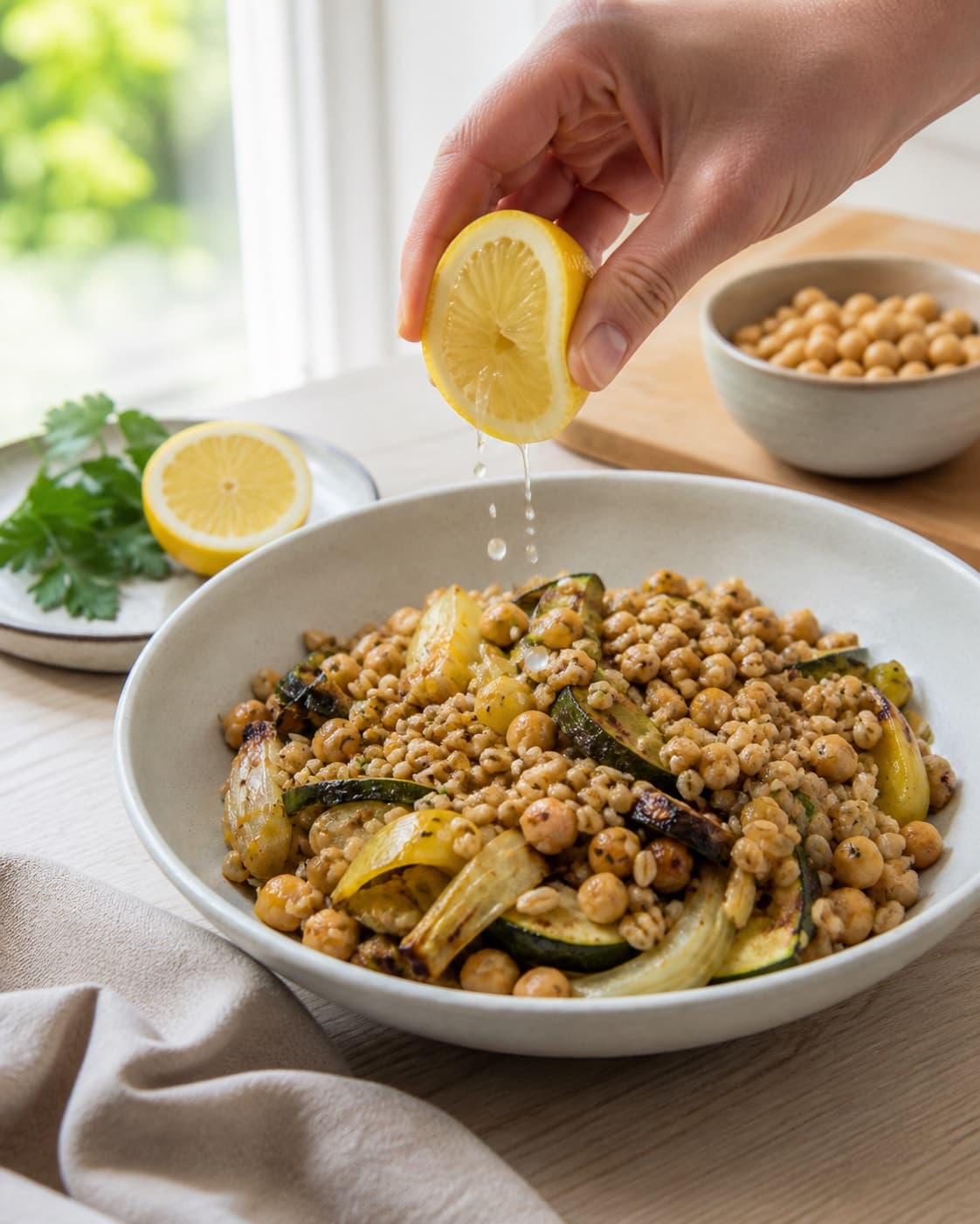 Clean prepared ingredients for lun perlespelt salat med grillede grøntsager og hummus with perlespelt, kogte kikærter, fuldkornsspeltmel, økologisk citron under tilberedningen af lun perlespelt salat med grillede grøntsager og hummus