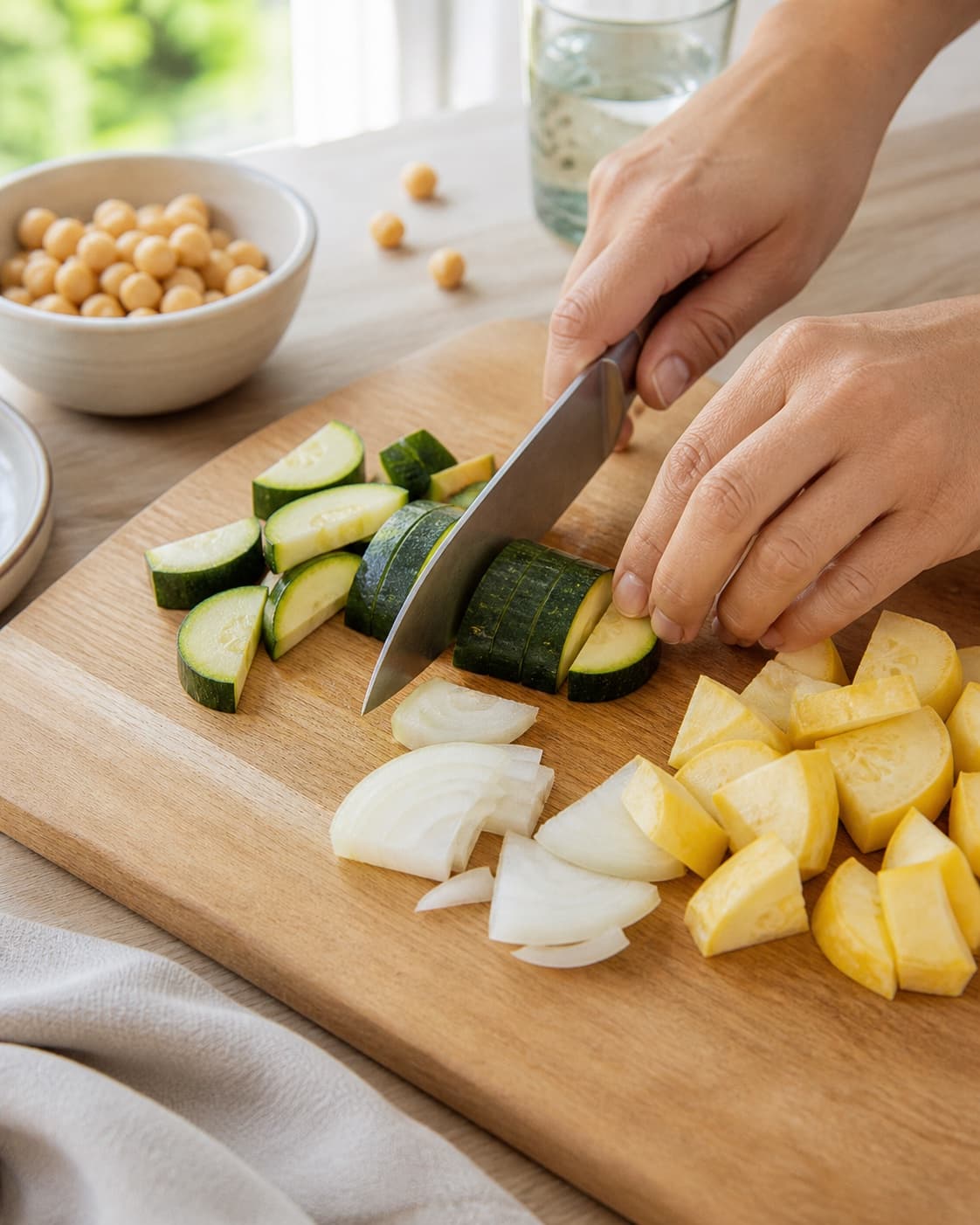 Ingredients for lun perlespelt salat med grillede grøntsager og hummus being cut into even pieces under tilberedningen af lun perlespelt salat med grillede grøntsager og hummus