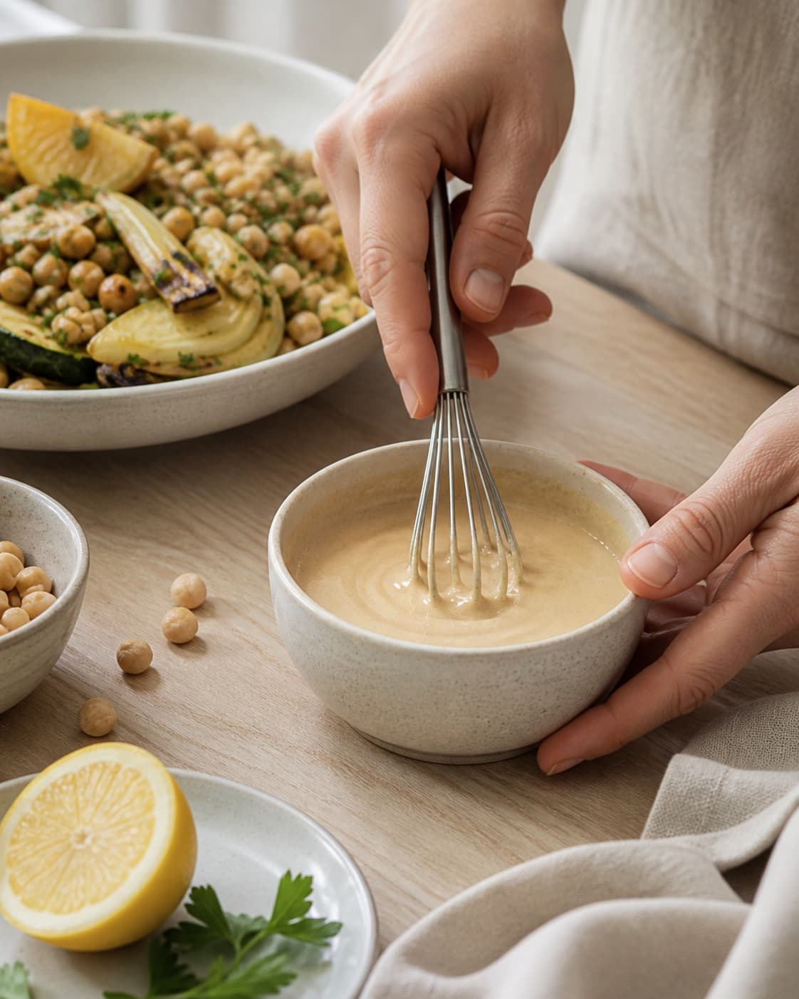 Dressing for lun perlespelt salat med grillede grøntsager og hummus being whisked until glossy under tilberedningen af lun perlespelt salat med grillede grøntsager og hummus