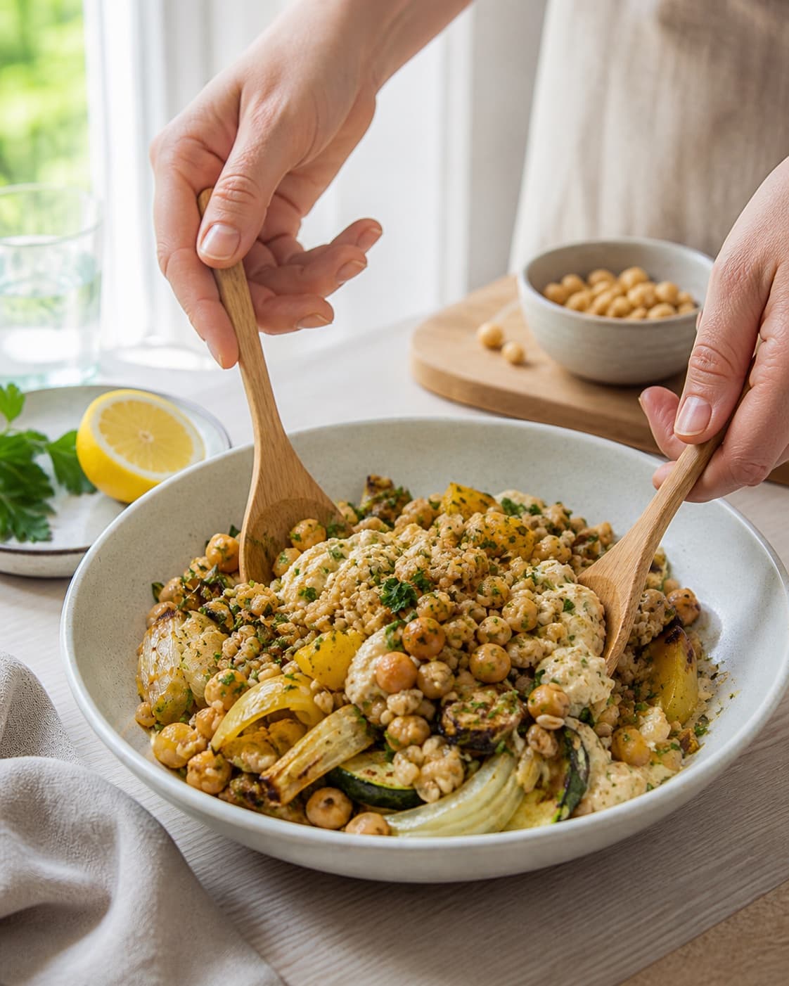 lun perlespelt salat med grillede grøntsager og hummus being gently combined without crushing the ingredients under tilberedningen af lun perlespelt salat med grillede grøntsager og hummus