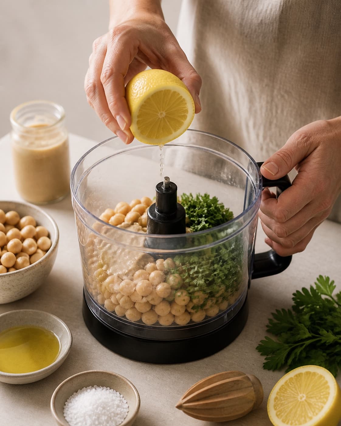 Clean prepared ingredients for hummus with kogte kikærter, økologisk citron, ekstra jomfruolivenolie, friske krydderurter under tilberedningen af hummus