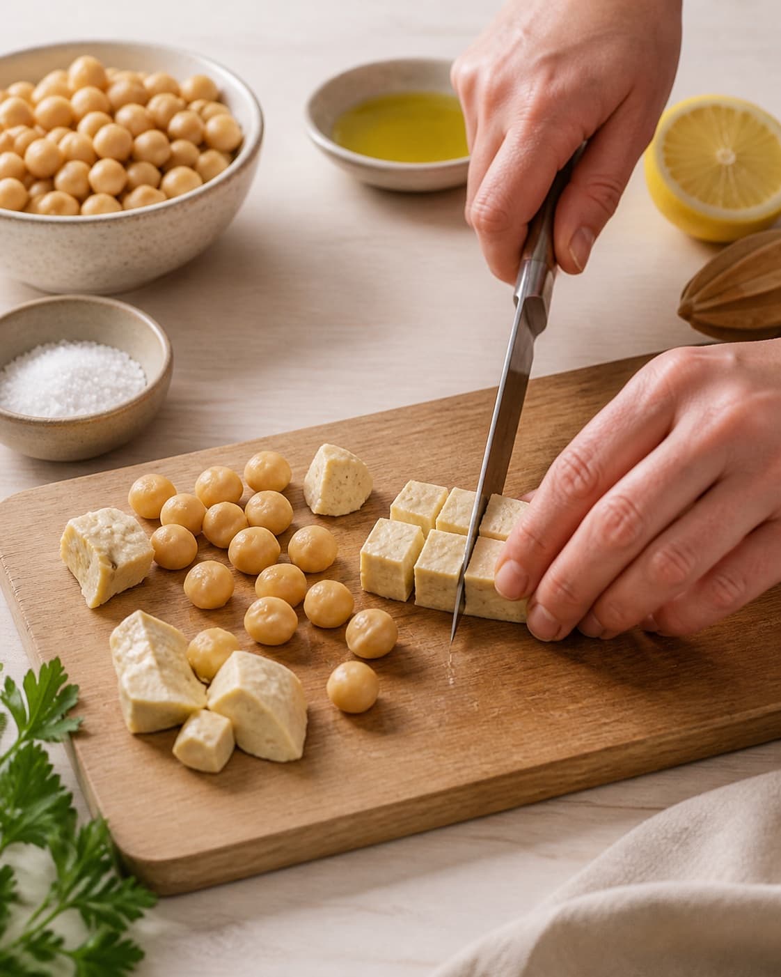 Ingredients for hummus being cut into even pieces under tilberedningen af hummus