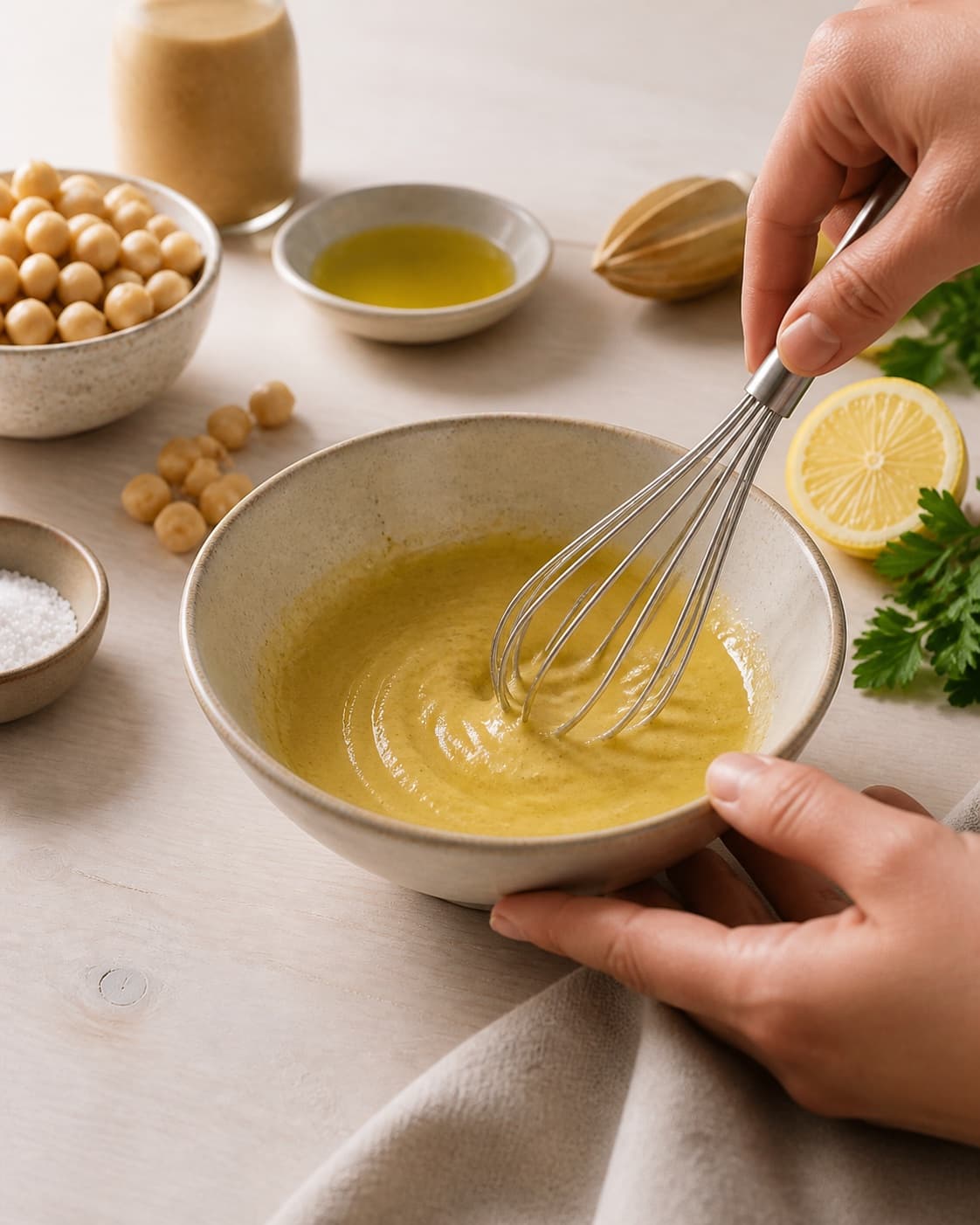 Dressing for hummus being whisked until glossy under tilberedningen af hummus