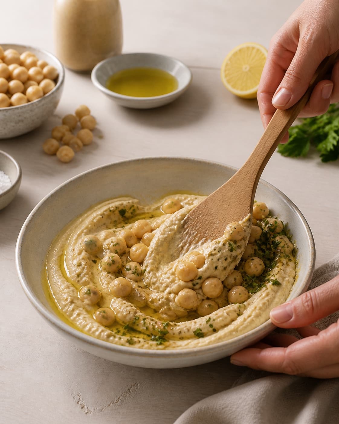hummus being gently combined without crushing the ingredients under tilberedningen af hummus