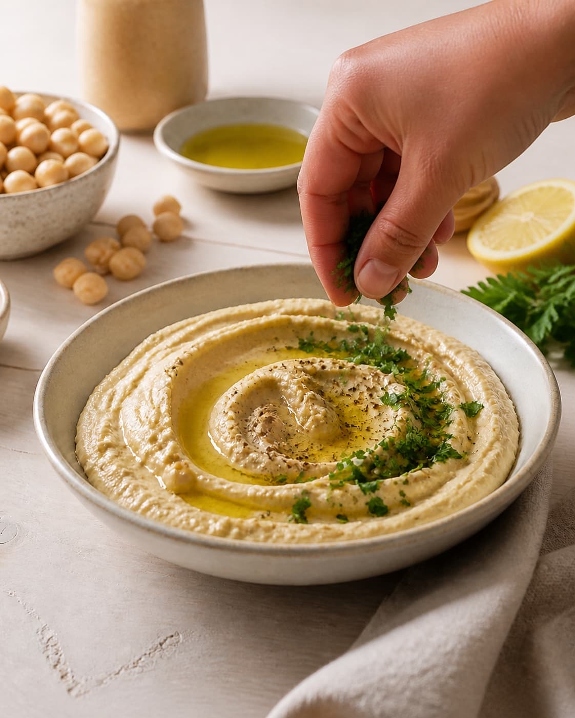 Fresh finished hummus receiving its final garnish under tilberedningen af hummus