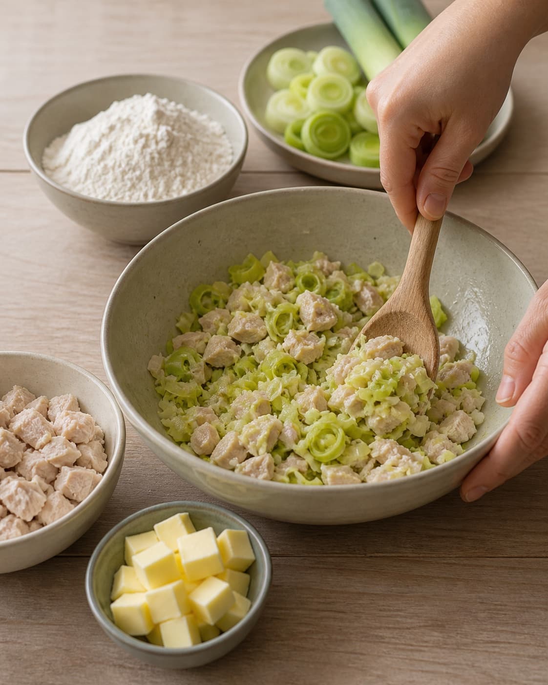Measured ingredients for kyllingetærte med porre arranged separately with kyllingekød, porrer, hvedemel, smør under tilberedningen af kyllingetærte med porre