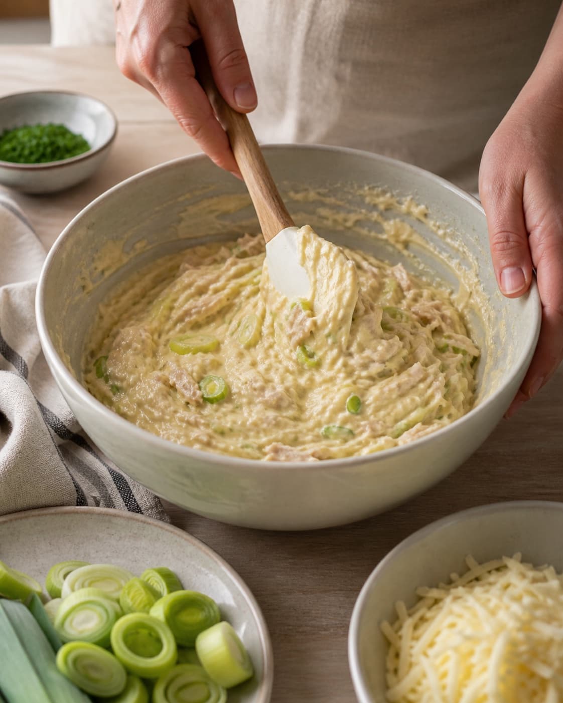 The batter or dough for kyllingetærte med porre being gently combined under tilberedningen af kyllingetærte med porre