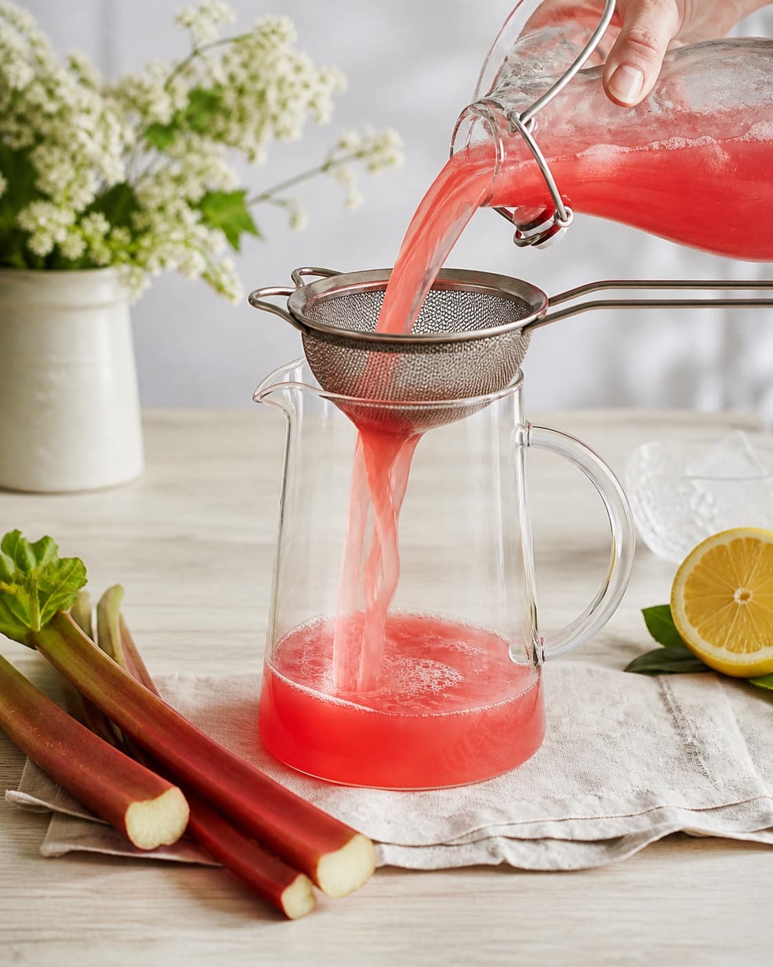 rabarbersaft being strained into a clean pitcher under tilberedningen af rabarbersaft