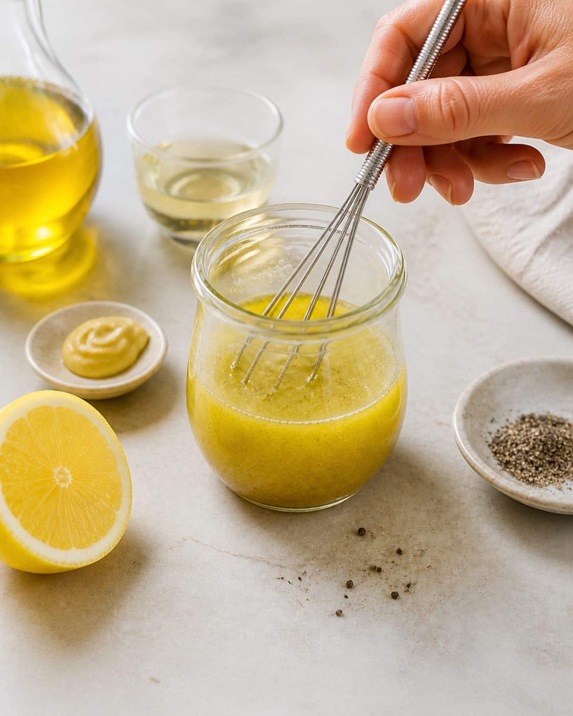 Clean prepared ingredients for vinaigrette with hvidvinseddike, dijonsennep, økologisk citron, ekstra jomfruolivenolie under tilberedningen af vinaigrette