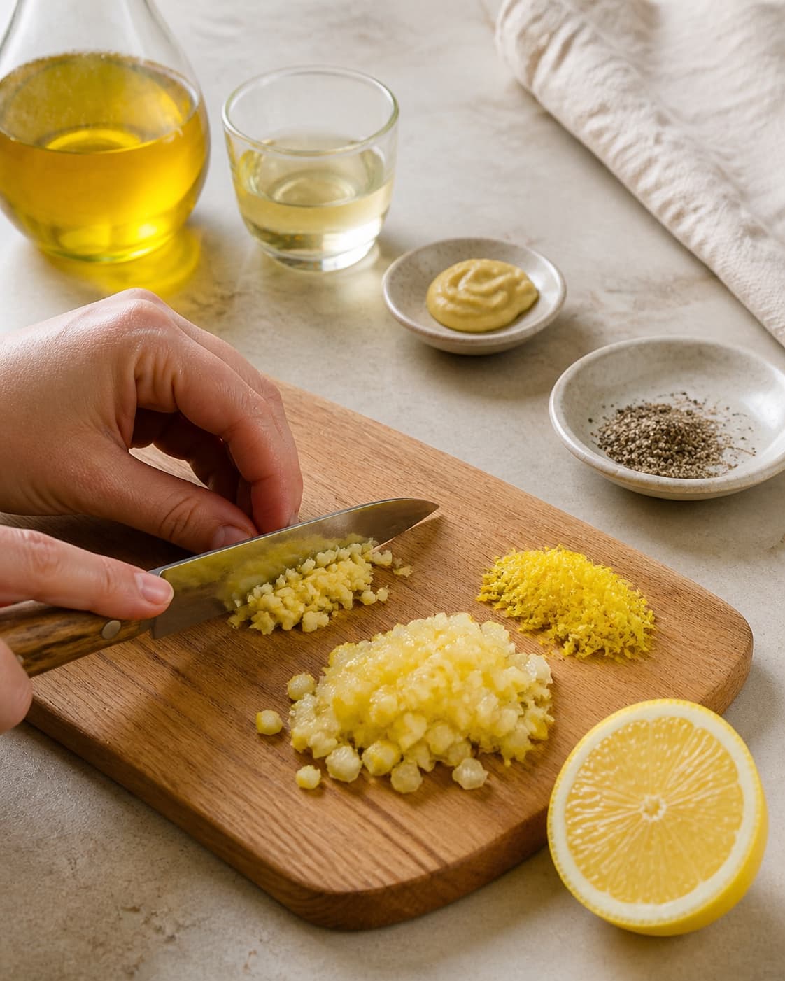 Ingredients for vinaigrette being cut into even pieces under tilberedningen af vinaigrette