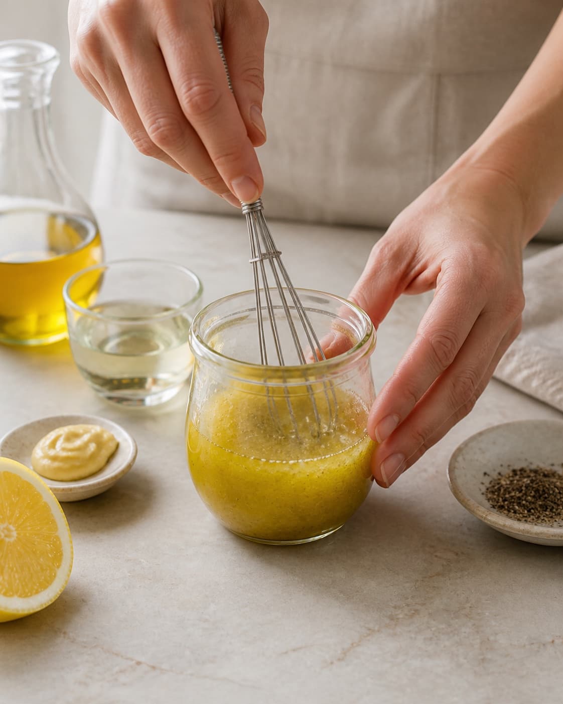 Dressing for vinaigrette being whisked until glossy under tilberedningen af vinaigrette