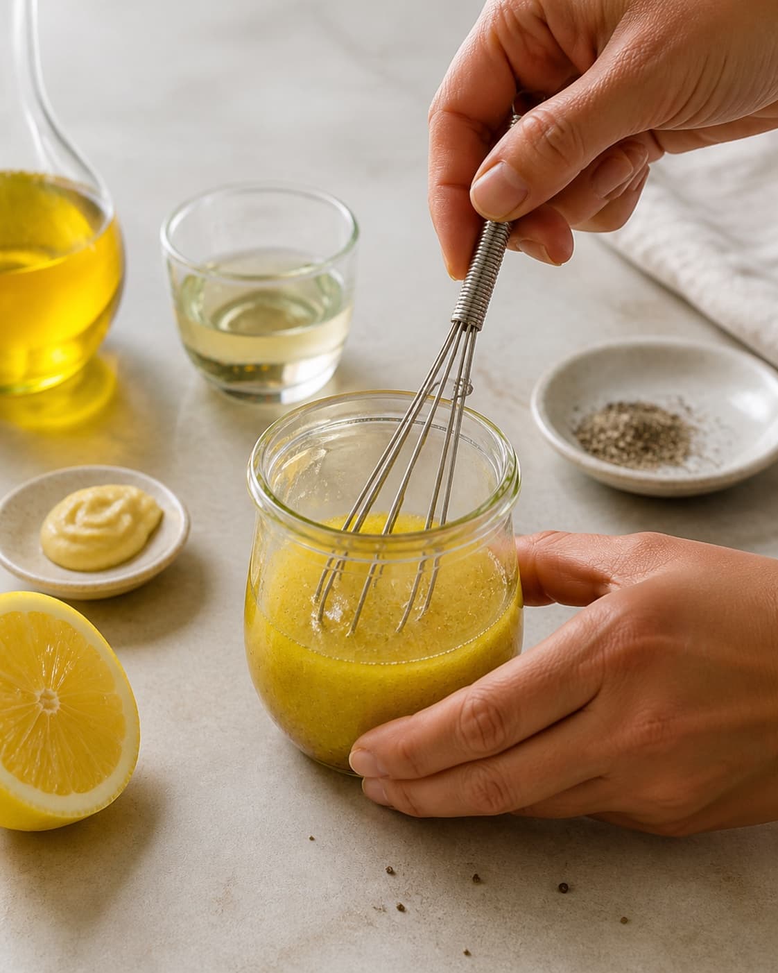 vinaigrette being gently combined without crushing the ingredients under tilberedningen af vinaigrette