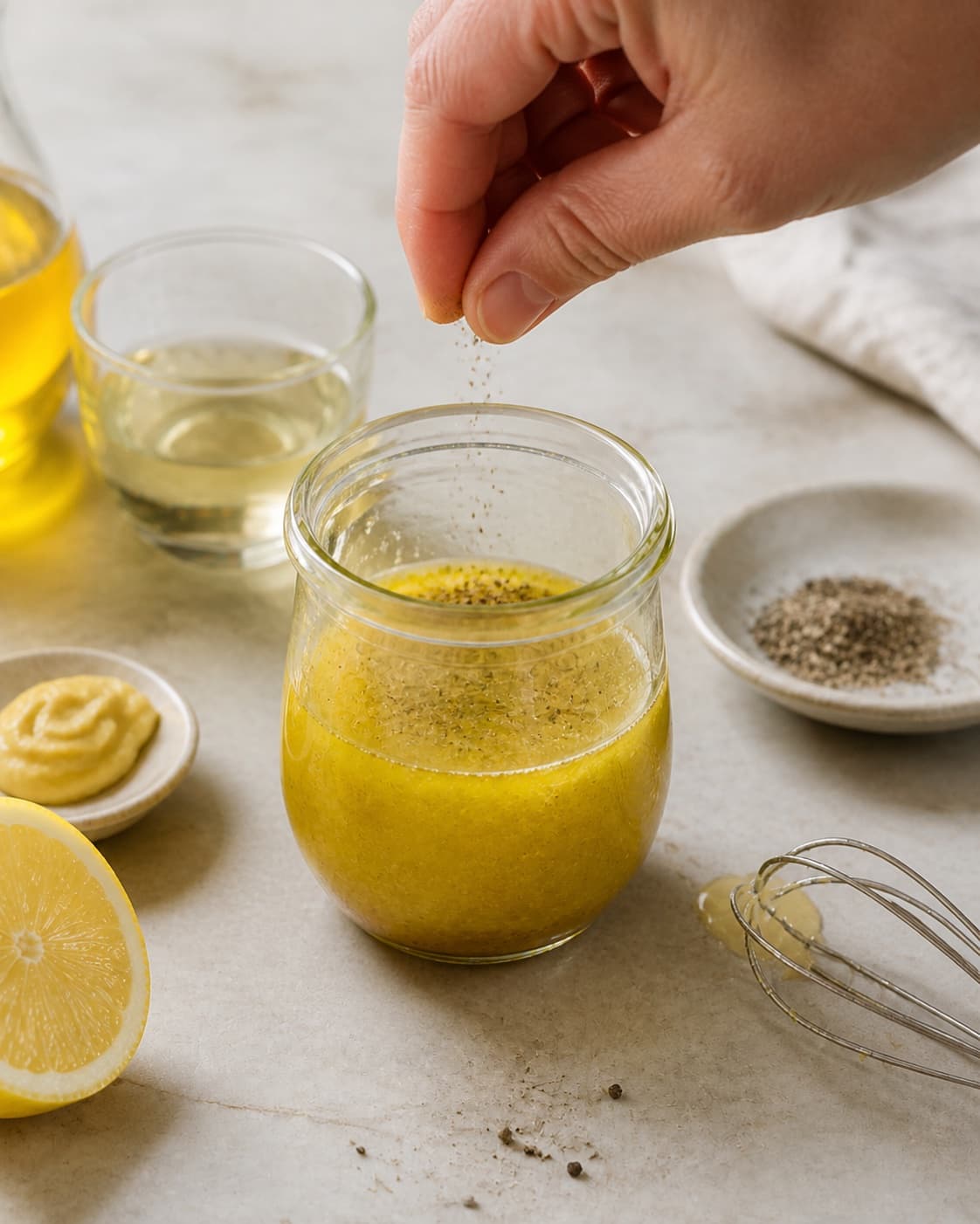 Fresh finished vinaigrette receiving its final garnish under tilberedningen af vinaigrette