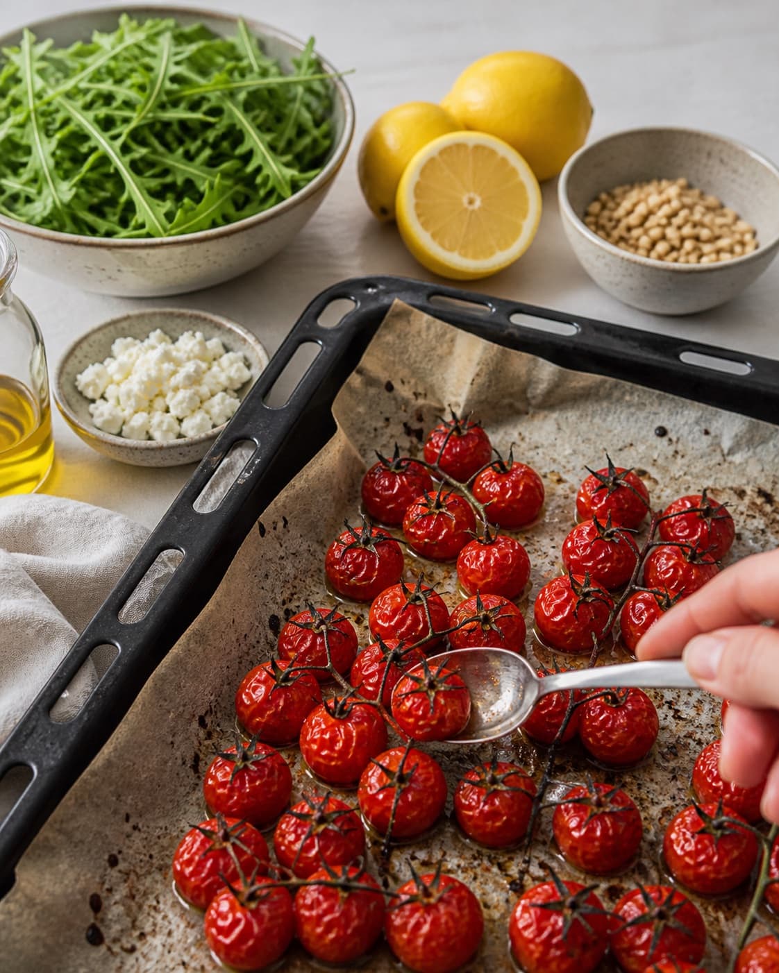 Clean prepared ingredients for rucolasalat med bagte cherrytomater with rucola, cherrytomater, modne tomater, økologisk citron under tilberedningen af rucolasalat med bagte cherrytomater