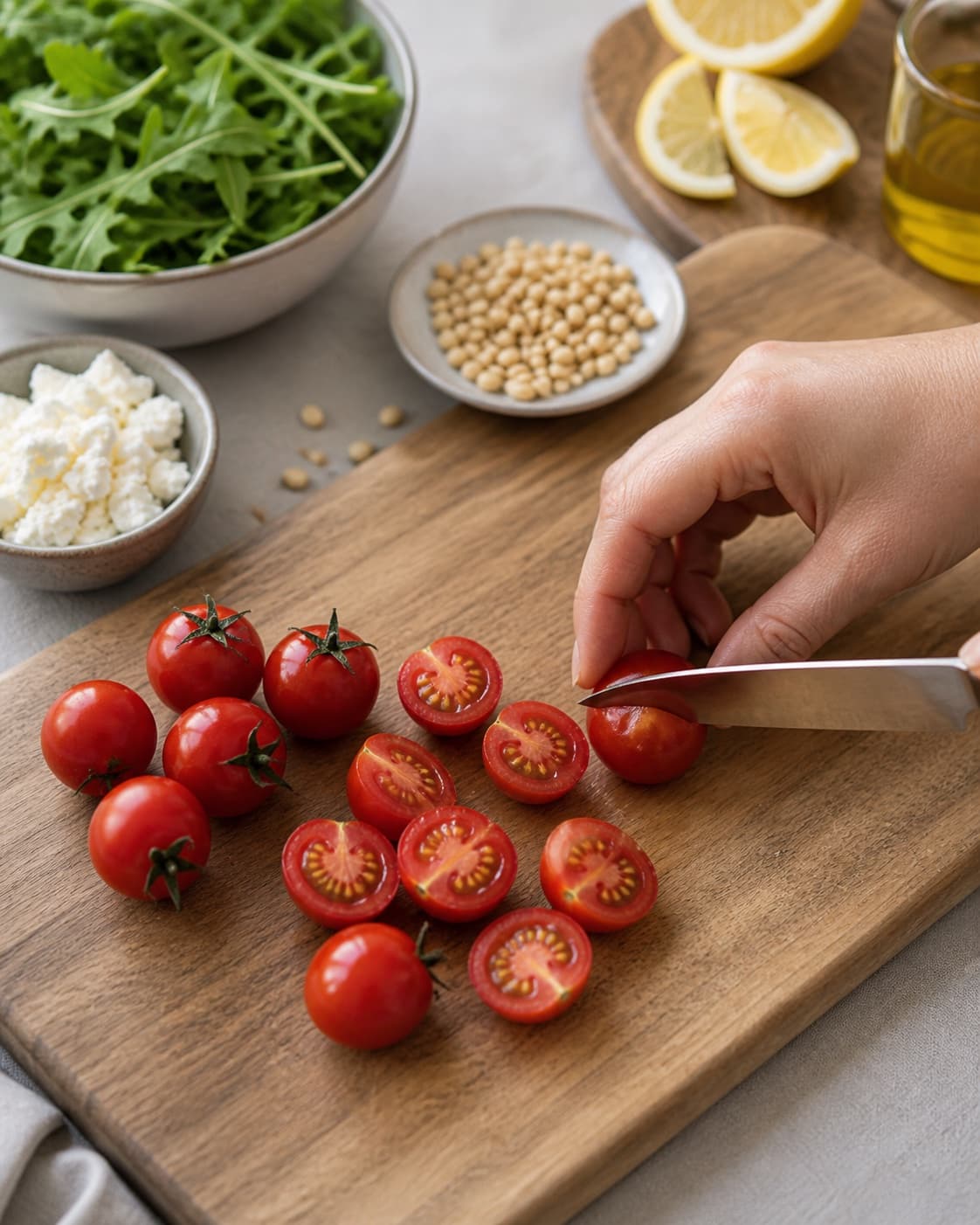 Ingredients for rucolasalat med bagte cherrytomater being cut into even pieces under tilberedningen af rucolasalat med bagte cherrytomater