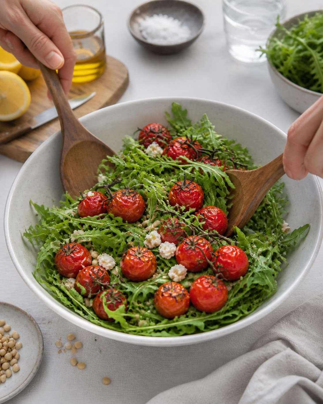 rucolasalat med bagte cherrytomater being gently combined without crushing the ingredients under tilberedningen af rucolasalat med bagte cherrytomater