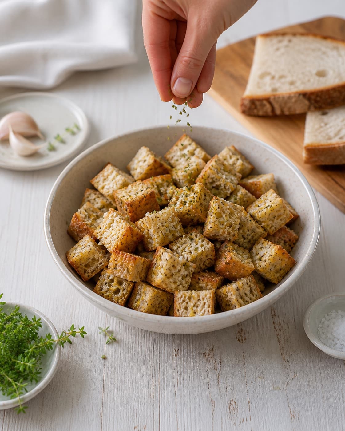 croutoner being evenly seasoned before roasting under tilberedningen af croutoner