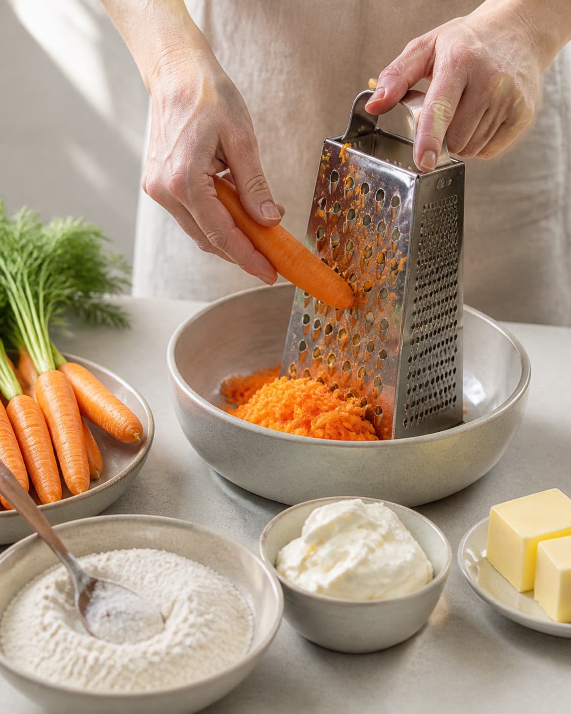 Measured ingredients for gulerodskage med ostecreme arranged separately with naturel friskost, gulerødder, hvedemel, smør under tilberedningen af gulerodskage med ostecreme